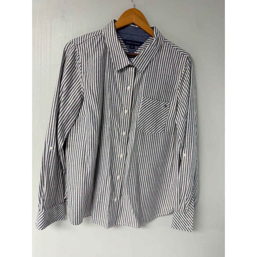 Tommy Hilfiger Womens Large Metallic Stripe Button Down Shirt Gold Navy White